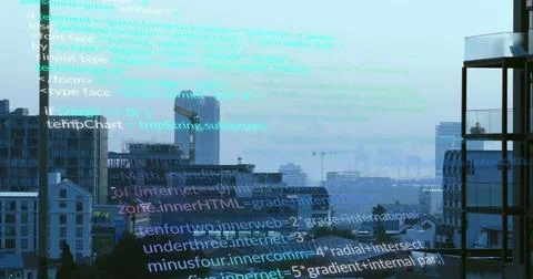 Image of computer language over modern buildings in background Stock Photos