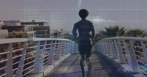 Image of computer language over rear view of african american man running o.. Stock Photos