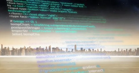 Image of computer language over river and skyscrapers against sky 写真素材