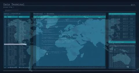 Image of computer language in terminal interface and map over black background Foto stock