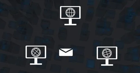Image of computer networking icons over 3d shapes in seamless pattern against Stock Photos