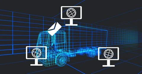 Image of computer networking icons over 3d truck model moving in seamless Stock Photos