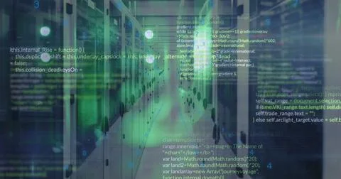 Image of computer programming language and abstract pattern over server room Stock Photos