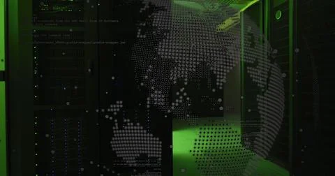 Image of computer programming language and globe over illuminated server room 스톡 사진