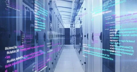 Image of computer programming languages moving over data server systems Stock Illustration