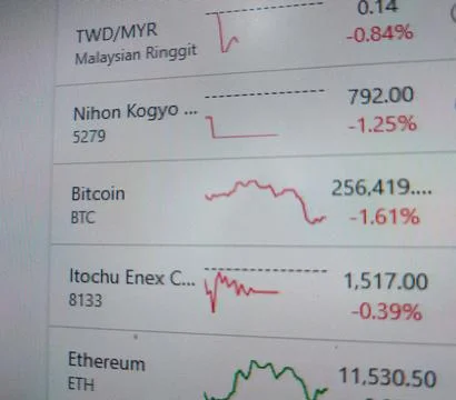 Image of a computer screen showing the latest graphs of various foreign cur.. Stock Photos