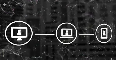 Image of computer screens and phone screen with profiles in circles against Stock Illustration