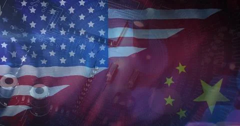 Image of computer server data processing over flag of china and united states of Stock Photos