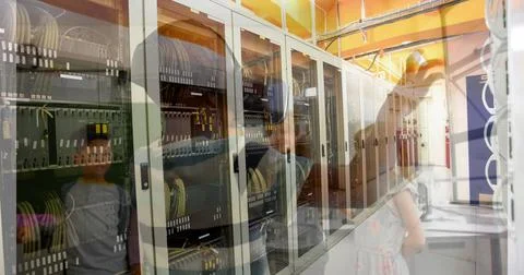 Image of computer server over schoolboy wearing vr headsets 写真素材