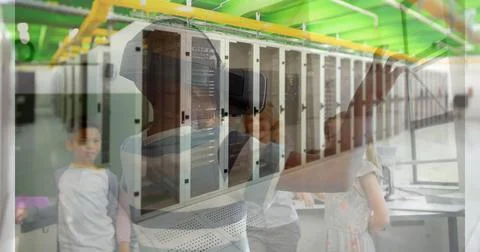 Image of computer server over schoolboy wearing vr headsets Stock-Fotos