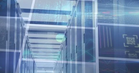 Image of computer servers and data processing on screens Stock Illustration