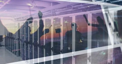 Image of computer servers and data processing on screens Stock Photos