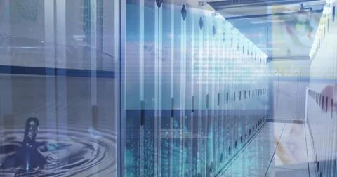 Image of computer servers and data processing on screens Stock Photos