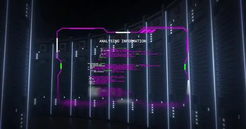 Image of computer servers over analysing information text on processing data Stock Photos
