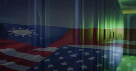 Image of computer servers over flag of taiwan and united states of america Stock Photos