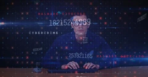 Image of computer writings, numbers and caucasian male programmer on black Stock Photos