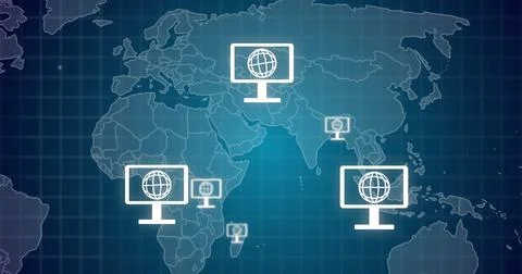 Image of computers with globe icons, world map and data processing Foto stock