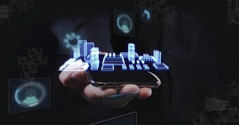 Image of computing board and data processing over hand of businessman 스톡 사진