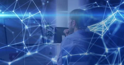 Image of computing data processing over man using computer 스톡 사진