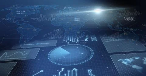 Image of computing data processing over world map and circuit board Fotos Stock