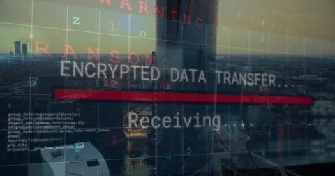 Image of computing data processing over cityscape Foto stock