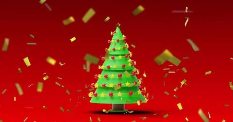 Image of confetti falling over christmas tree on red background Illustrazione stock