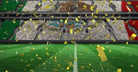 Image of confetti falling over mexican flag in empty sports stadium Stock Illustration