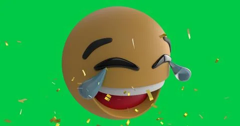 Image of confetti falling over smiling emoji emoticon icon on green screen Ilustração Stock