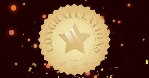 Image of congratulations text and star on gold medal over confetti and orange Ilustração Stock