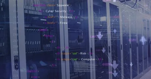 Image of connected arrows and computer language over data server racks in server Foto stock