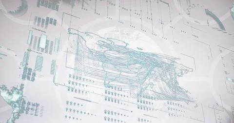 Image of connected circles, loading bars, globes and map over white background Ilustração Stock