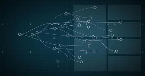 Image of connected circles over radar, globe, graph and circuit board pattern in Stock Photos