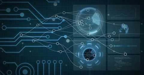 Image of connected circles over radar, globe, graph and circuit board pattern in Stock Photos