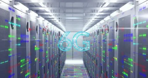 Image of connected dots in 6g text over bars on data server systems in server Stock Photos