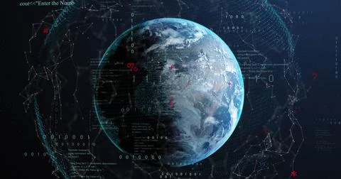 Image of connected dots and binary codes with programming language around Stock-Fotos