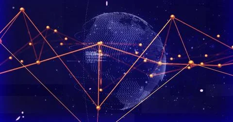 Image of connected dots and computer language over globe against black back.. Stock Photos