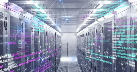 Image of connected dots and computer language over data server racks in server 写真素材