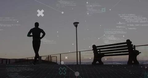 Image of connected dots and computer language over african american man running Stock Photos