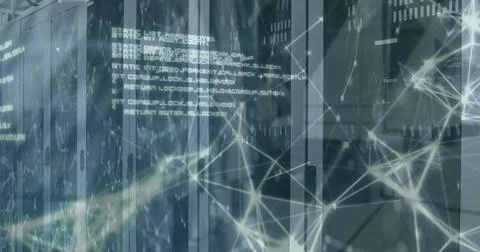 Image of connected dots and computer language over server room in background Stock-Fotos