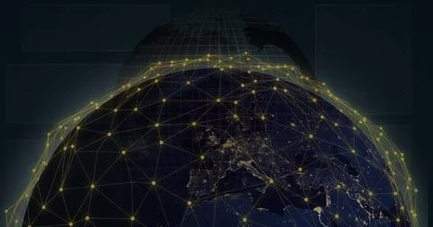 Image of connected dots around globe over graphs, trading board and globe o.. Stock Photos