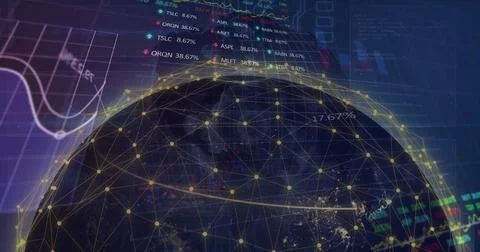 Image of connected dots around globe over graphs, trading board and globe o.. Foto stock