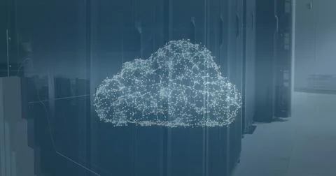 Image of connected dots forming cloud and graphs over data server racks 写真素材