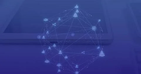 Image of connected dots forming globe over overhead view of digital tablet and Stock Illustration