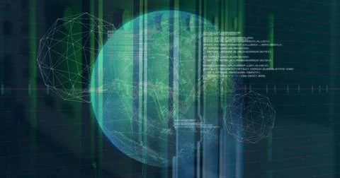 Image of connected dots forming globes, computer language, graphs over data Foto stock