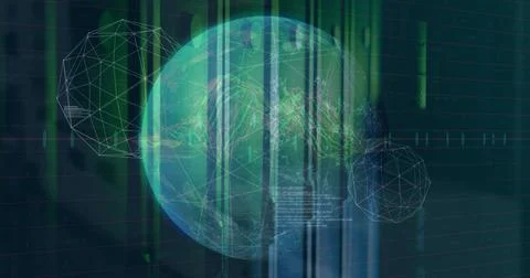Image of connected dots forming globes, computer language, graphs over data 스톡 사진