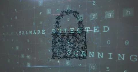 Image of connected dots forming padlock over letters, numbers, symbols and texts 写真素材