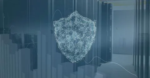 Image of connected dots forming shield and graphs over data server racks 스톡 사진