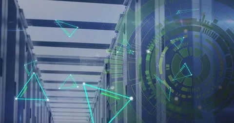 Image of connected dots forming triangles and loading circles over server room Stock Photos