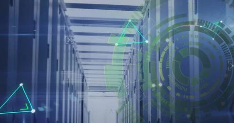 Image of connected dots forming triangles and loading circles over server room Stock Photos