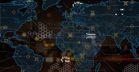 Image of connected dots, hexagon patterns, map over defocused vehicles moving on Stock Photos